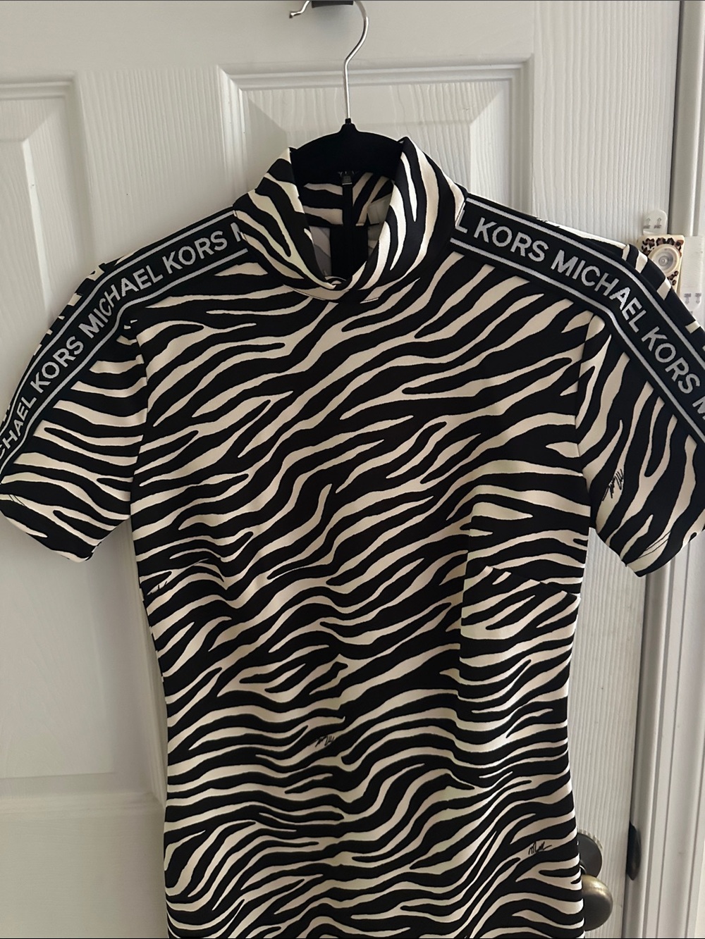 Michael Kors Black and White Zebra Print Logo Tape Dress